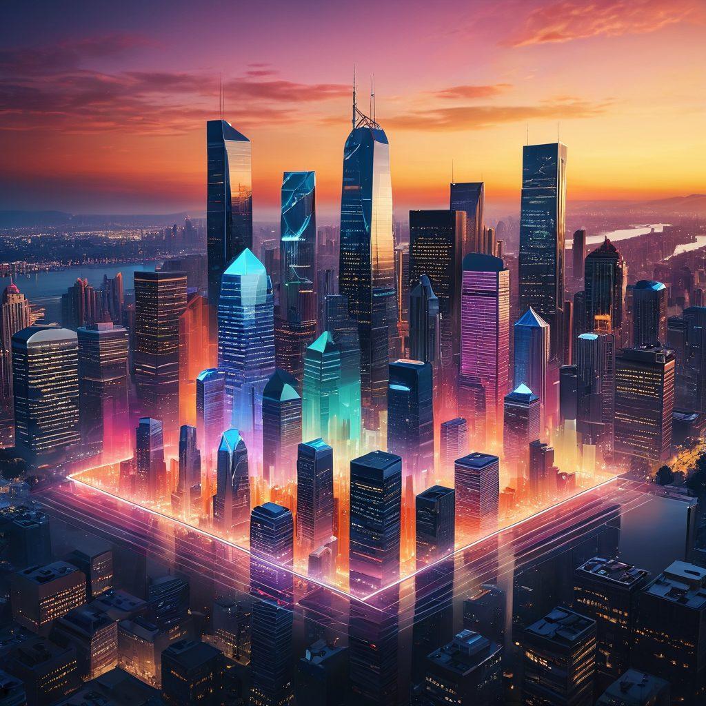 A dynamic city skyline with a diverse group of people engaging in discussions about real estate strategies. Incorporate vibrant graphs and charts floating in the air, representing market trends. Include a modern house with a 'For Sale' sign in the foreground, while a sunrise illuminates the scene, symbolizing new opportunities. super-realistic. vibrant colors. 3D.