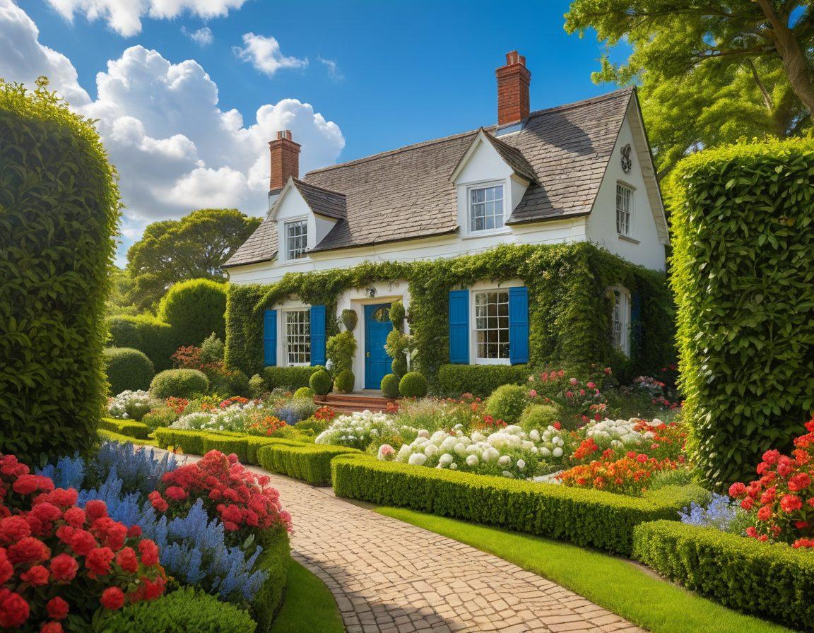 A joyful young couple holding hands while standing in front of a charming house with a 'Sold' sign, surrounded by vibrant flowers and greenery. A bright blue sky and fluffy clouds enhance the hopeful feeling of new beginnings. Include a maze made of hedges in the background to symbolize navigating the realty process. The overall atmosphere conveys warmth and optimism. super-realistic. vibrant colors. bright background.